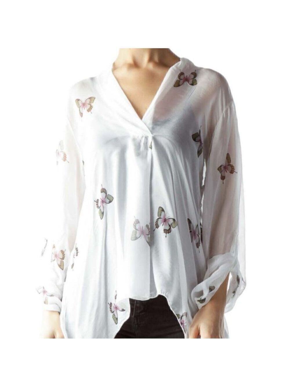 Lola Made in Italy White Butterfly Print Sheer Blouse Size Medium